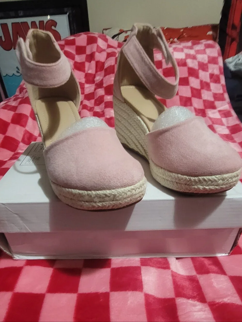 Womens Pink Espadrille Wedge Sandals - Ankle Strap - Picture 4 of 5